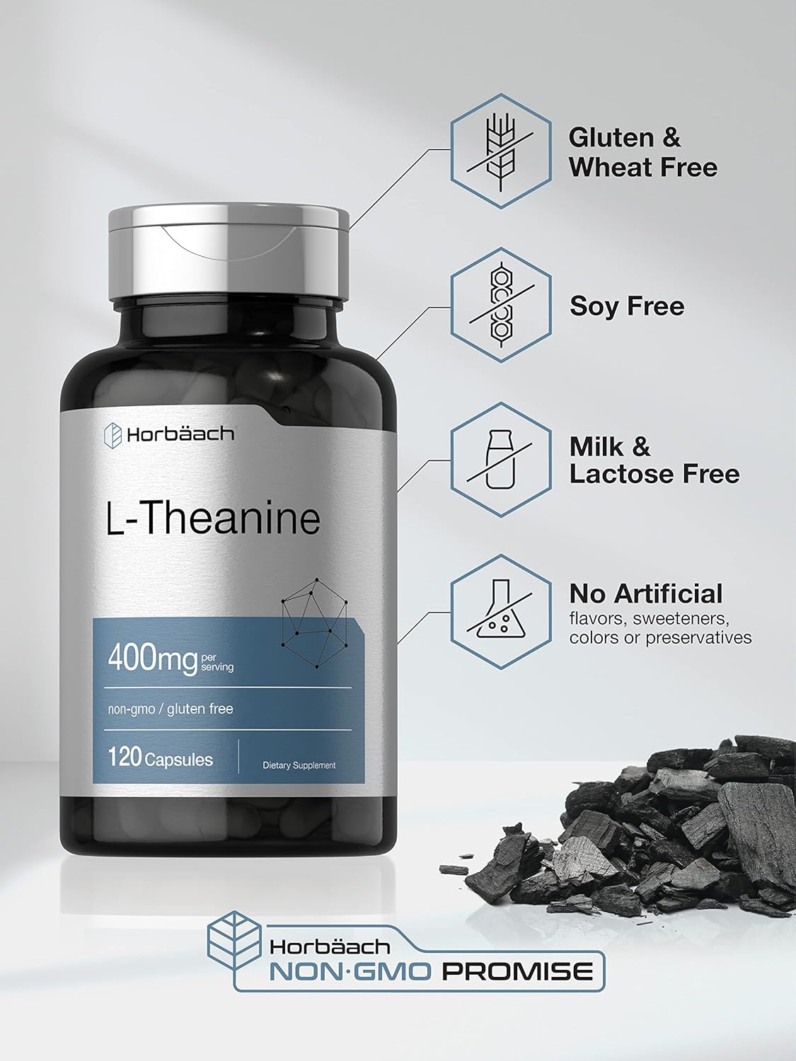 Horbäach L-Theanine Supplement | 400mg | 120 Powder Capsules | Non-GMO & Gluten Free