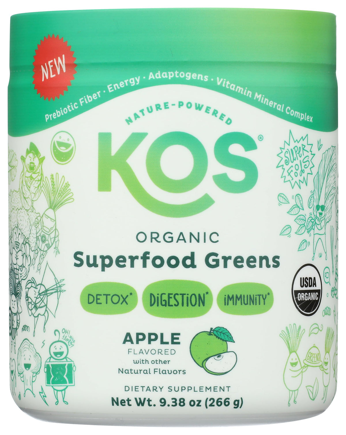 KOS Organic Super Greens Powder Erythritol Free - Plant Based Superfood Blend with Spirulina, Chlorella & Wheatgrass - USDA Certified Organic, Green Juice Smoothie - Apple Flavor - 28 Servings KOS buy supplements Au