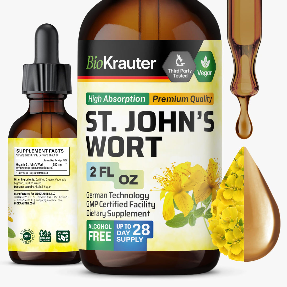 BIO KRAUTER® St Johns Wort for Calm & Mood Support - Vegan St. John's Wort for Relaxation & Emotional Wellness Support - Calm Drops 2 Fl.Oz., 28-Day Supply, Alcohol & Sugar Free Herbal Supplements