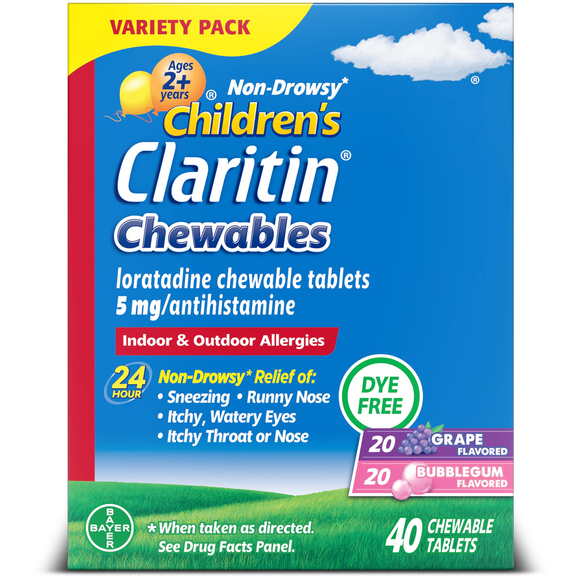 Claritin Children's Allergy Medicine, 24-Hour Non-Drowsy Loratadine 5mg Chewable Tablet, Antihistamine for Kids Ages 2 Years and Older, Grape & Bubble Gum Flavors, Dye-Free, 40 Tablets Claritin buy supplements Au
