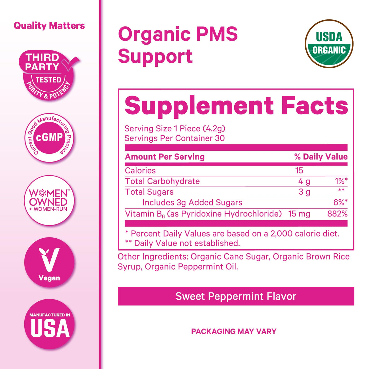 Pink Stork Organic PMS Support Sweets for Teens and Women - Simple & Natural Ingredients Vitamin B6 and Peppermint - Period, Digestion, Bloating, Mood Swings - 30 Drops