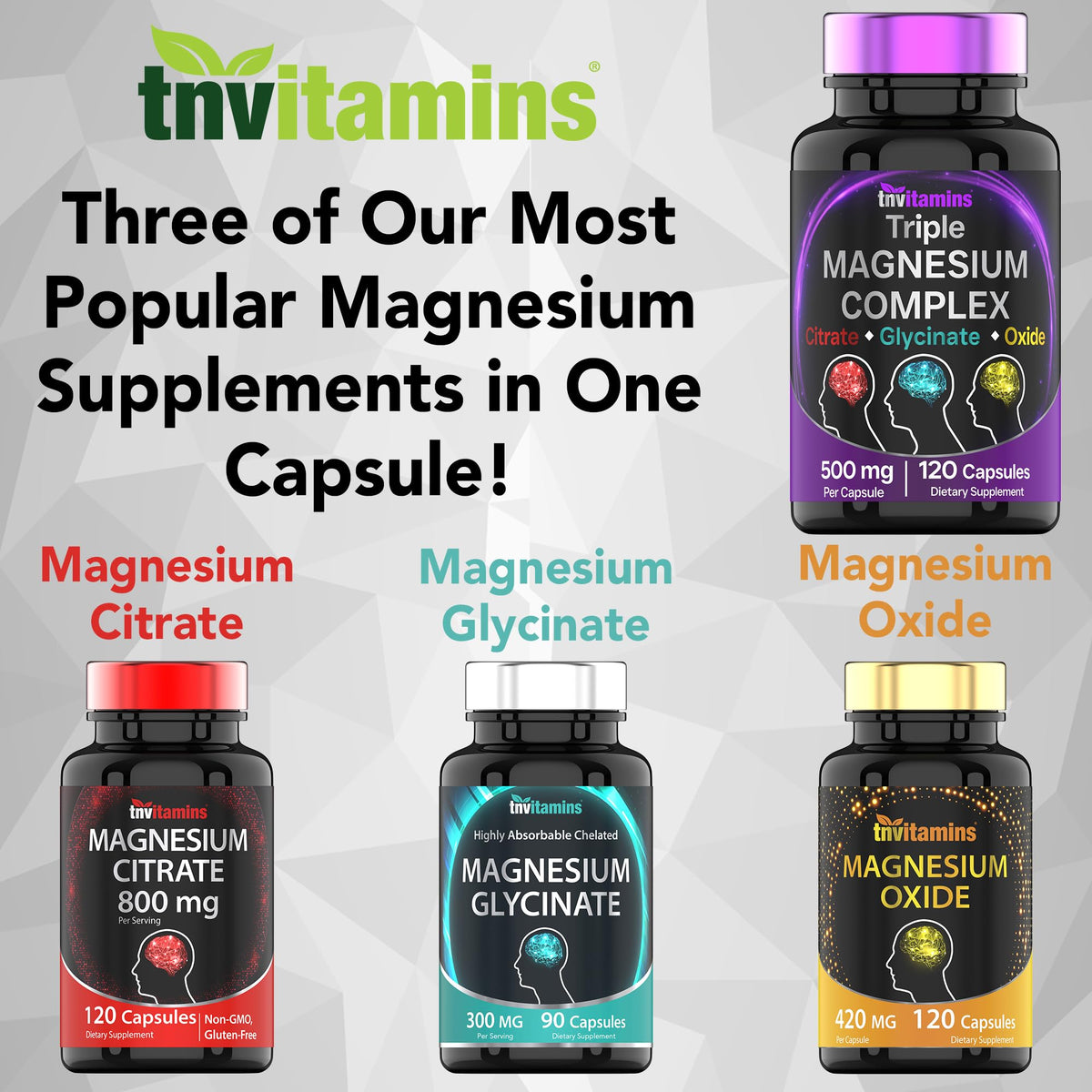 Triple Magnesium Complex Supplement 500mg: Magnesium Glycinate, Citrate, & Oxide - 120 Capsules (4 Month Supply!) | 1 Capsule Serving Provides 125% Daily Value | Non-GMO, Made in The USA! tnvitamins buy supplements Au