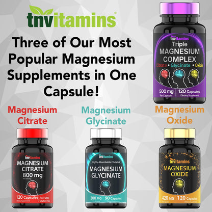 Triple Magnesium Complex Supplement 500mg: Magnesium Glycinate, Citrate, & Oxide - 120 Capsules (4 Month Supply!) | 1 Capsule Serving Provides 125% Daily Value | Non-GMO, Made in The USA! tnvitamins buy supplements Au