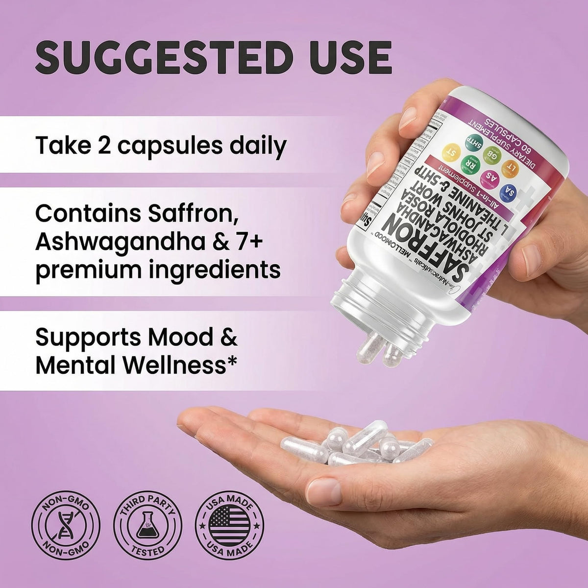 Clean Nutraceuticals Saffron Supplements Extract 100mg + Ashwagandha L-Theanine 200mg - Mood Support Ginkgo Biloba, St. John's Wort, Rhodiola Rosea & 5-HTP Capsules Pills Men Women