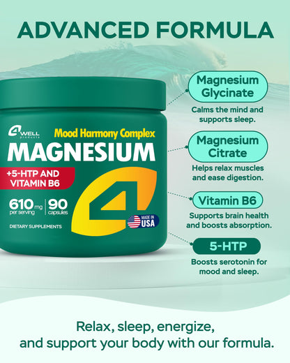 Magnesium Complex for Women – Magnesium for Sleep, Advanced 610mg with Glycinate, Citrate & Vitamin B6 for 3X Absorption + 5-HTP – Supports Sleep, Relaxation, Nerve, Muscle, Bone & Energy Health 4Well ProductsBuy Supplements Australia