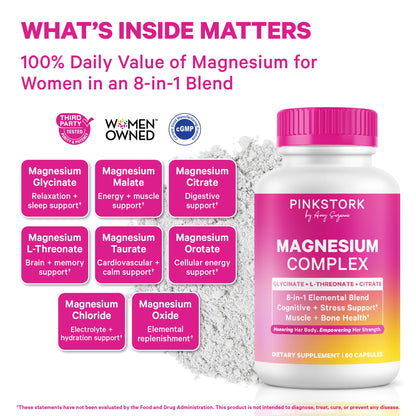 Pink Stork Magnesium Complex for Women - 8 Forms Including Glycinate, Malate, Citrate & L-Threonate - Stress, Sleep, Muscle & Hormone Support - 400 mg Elemental Magnesium - 60 Vegan Capsules Pink Stork buy supplements Au
