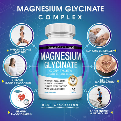 Magnesium Glycinate 525mg - High Absorption Chelated Magnesium Supplement Made with Pure Magnesium Glycinate - Supports Muscles, Sleep, Cramps, Recovery Bisglycinate