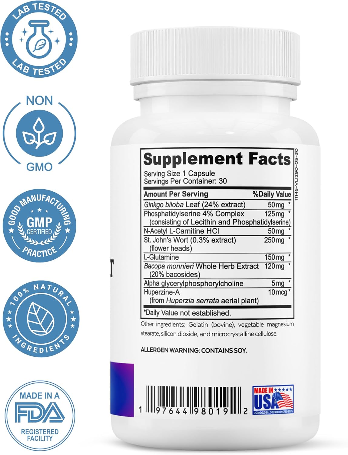 Brain Support Complex Nootropic Supplement, 30 Ct | Ginkgo Biloba, Bacopa Monnieri, Phosphatidylserine, Huperzine-A, St. John's Wort