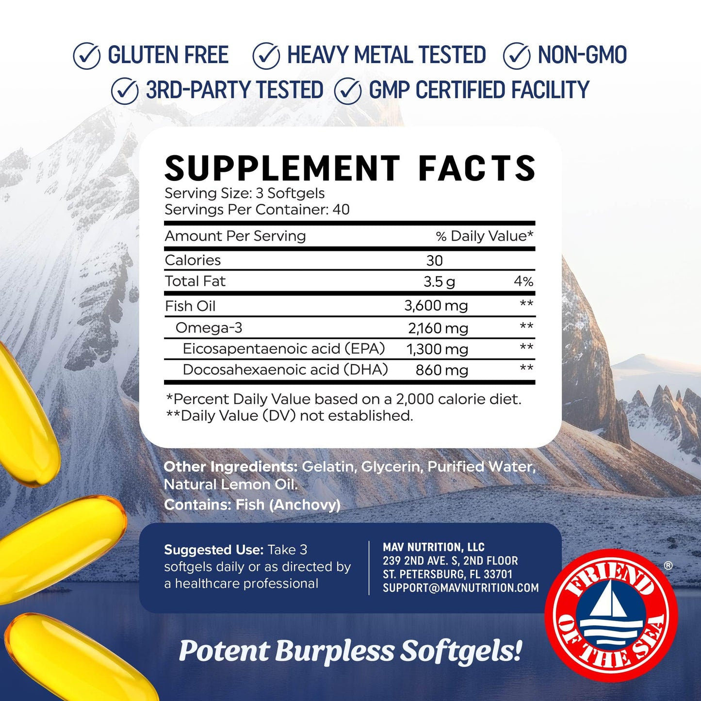 Triple Strength Omega 3 Fish Oil 3600 mg | EPA & DHA | Over 2100mg Omega-3 Fatty Acids | 1300mg EPA + 860mg DHA | Best Essential Fatty Acids | Premium Wild Caught & Burpless Fish Oil | 120 Ct MAV NUTRITION buy supplements Au
