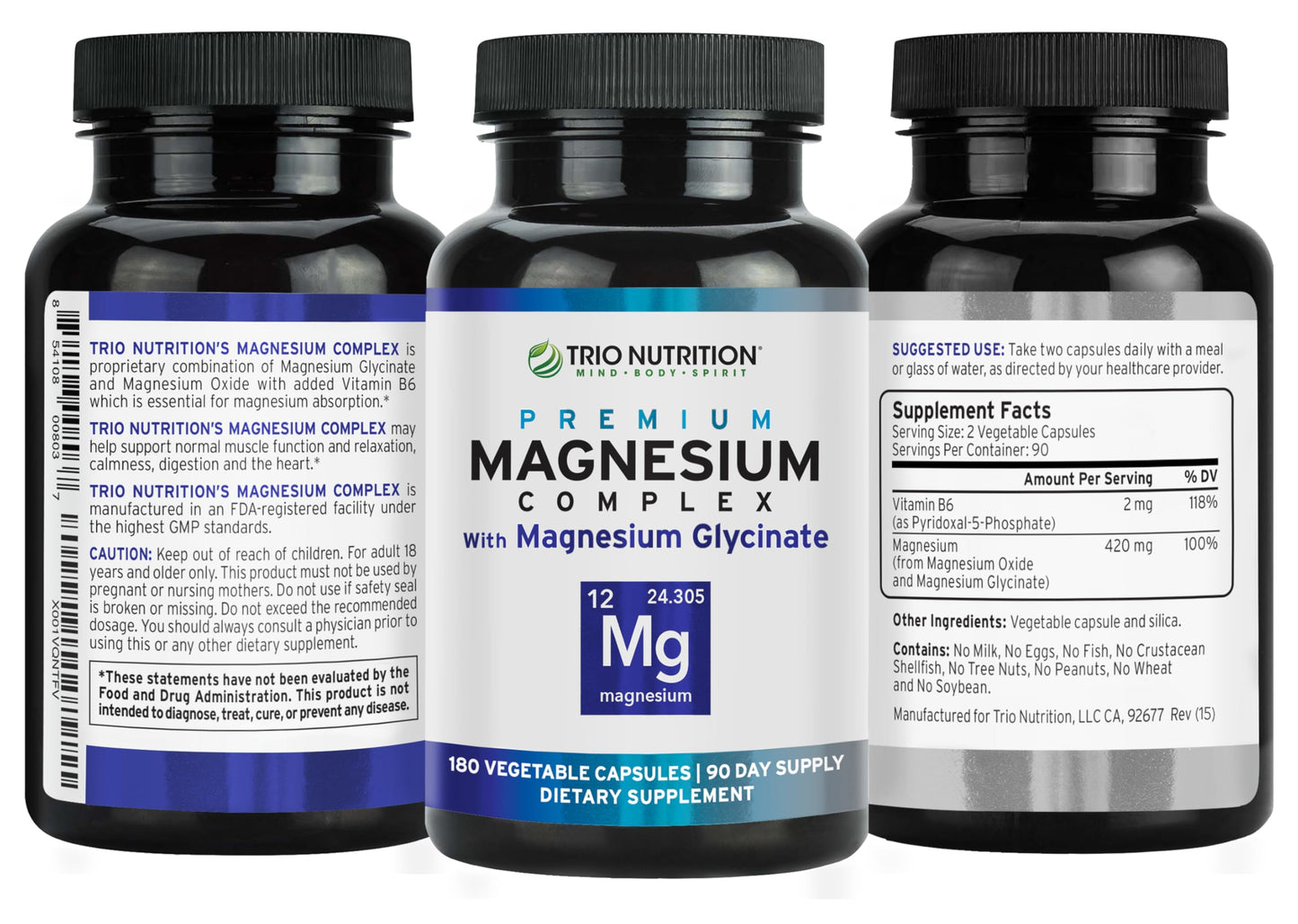 Trio Nutrition Magnesium Complex 90 Day Supply 420 mg | Natural Calm, Relax, Stress Relief, and Muscle Recovery |Magnesium Glycinate Supplement with Vitamin B6 for Rapid Absorption* TRIO NUTRITION buy supplements Au