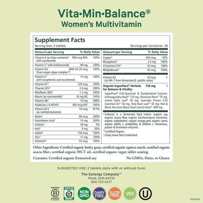 PURE SYNERGY Vita·Min·Balance | Multivitamin for Women with Iron | Women’s Daily Multivitamin Made with Organic Whole Foods | for Balanced Energy and Stress Support (60 Tablets)