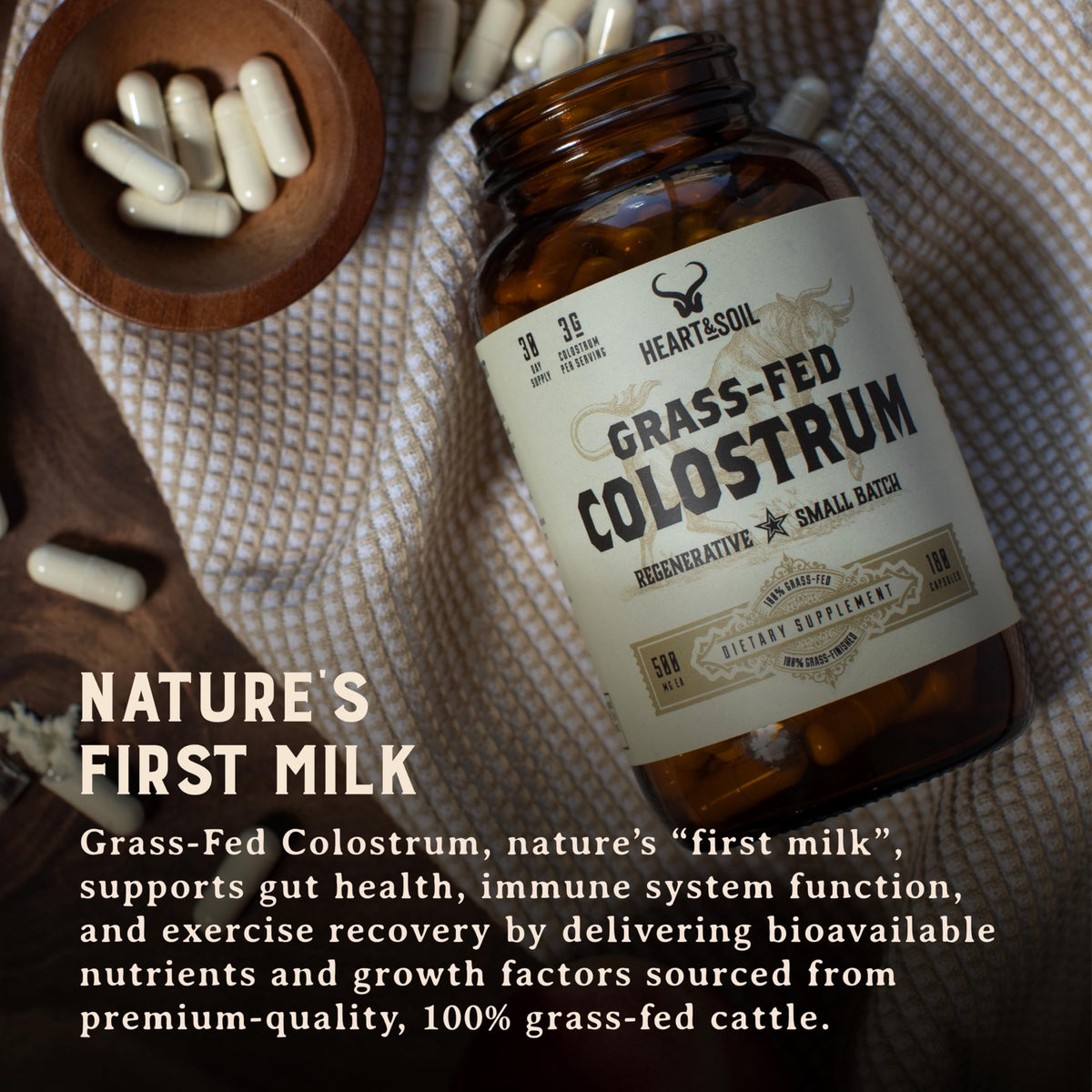 HEART & SOIL 100% Grass Fed & Finished Colostrum Supplement from Regenerative Cattle for Gut, Muscle & Immune Health – 3000mg Bovine Colostrum Capsules - Gut Health for Men & Women –180 Capsules HEART & SOIL buy supplements Au