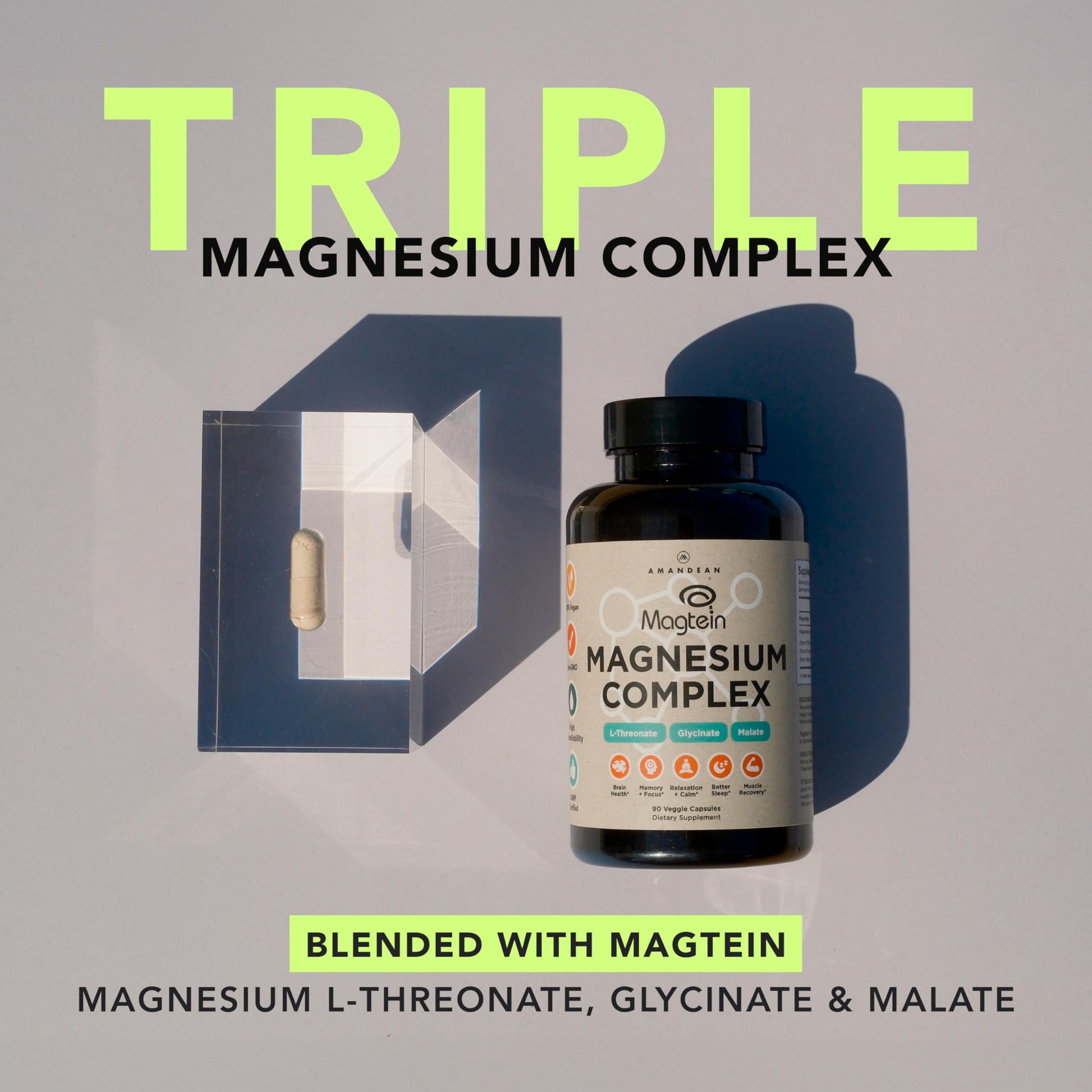 AMANDEAN Magtein Magnesium Complex. L-Threonate, Glycinate, Malate Triple Blend Chelated Magnesium Supplement. 90 Veggie Capsules. High Absorption Branded Ingredients. Brain Health, Sleep, Calm*. AMANDEAN buy supplements Au