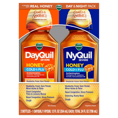 Vicks Dayquil & Nyquil Severe Honey Flavor Co-Pack, Cold & Flu Medicine, Relieves Headache, Fever, Sore Throat, Minor Aches & Pains, Nasal Congestion, Sinus Pressure, Stuffy Nose, And Cough, 2X12Oz Vicks buy supplements Au