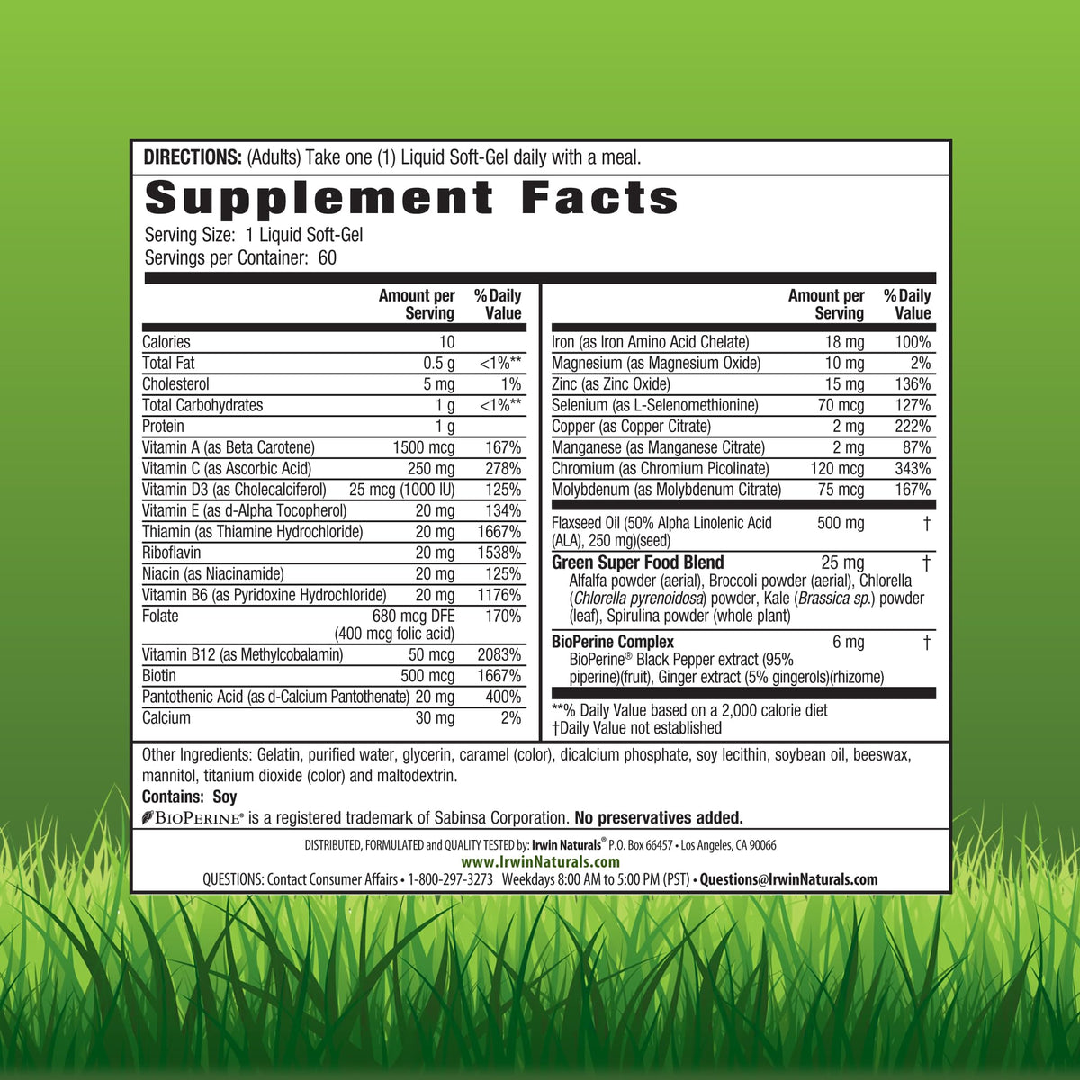 Irwin Naturals Only One Liquid-Gel Multi with Iron - 60 Liquid Softgels - Daily Essential Vitamins, Minerals, Antioxidants, Omega-3s & Green Super Foods Irwin NaturalsBuy Supplements Australia