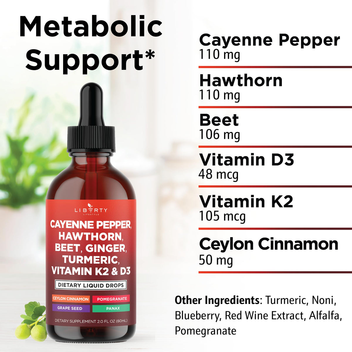 Cayenne Pepper Supplement Liquid Drops + Hawthorn Berry, Vitamin D3 K2 Beet Root Powder, Ceylon Cinnamon, Turmeric Curcumin, Organic Panax Ginseng - 4oz
