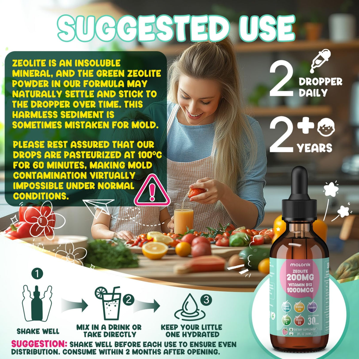 Zeolite Detox for Kids and Adults, 200mg Zeolite Liquid Drops with 1000mcg Vitamin B12, Organic Chlorella, 10 billion CFU & Prebiotics for Gut Support & Speech, Immune, Bone, Energy*, Strawberry, 60ML molorik pure buy supplements Au