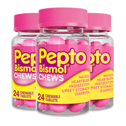 Pepto Bismol Chews, Upset Stomach Relief, Nausea Relief, Heartburn Relief, Indigestion Relief, Anti Diarrhea Medication for Adults - 5 Symptom Fast Relief, 72 Chewable Tablets (3x24 ct) Pepto Bismol buy supplements Au