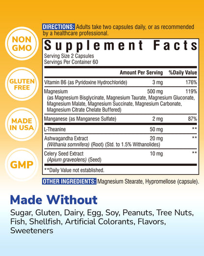 Vitalibre Magnesium Complex Supplement 500mg + Ashwagandha, L-Theanine, Vitamin B6 & Celery, High Absorption Magnesium Glycinate, Citrate, Malate, Sleep & Bone Support, 120 Vegan Capsules Vitalibre buy supplements Au