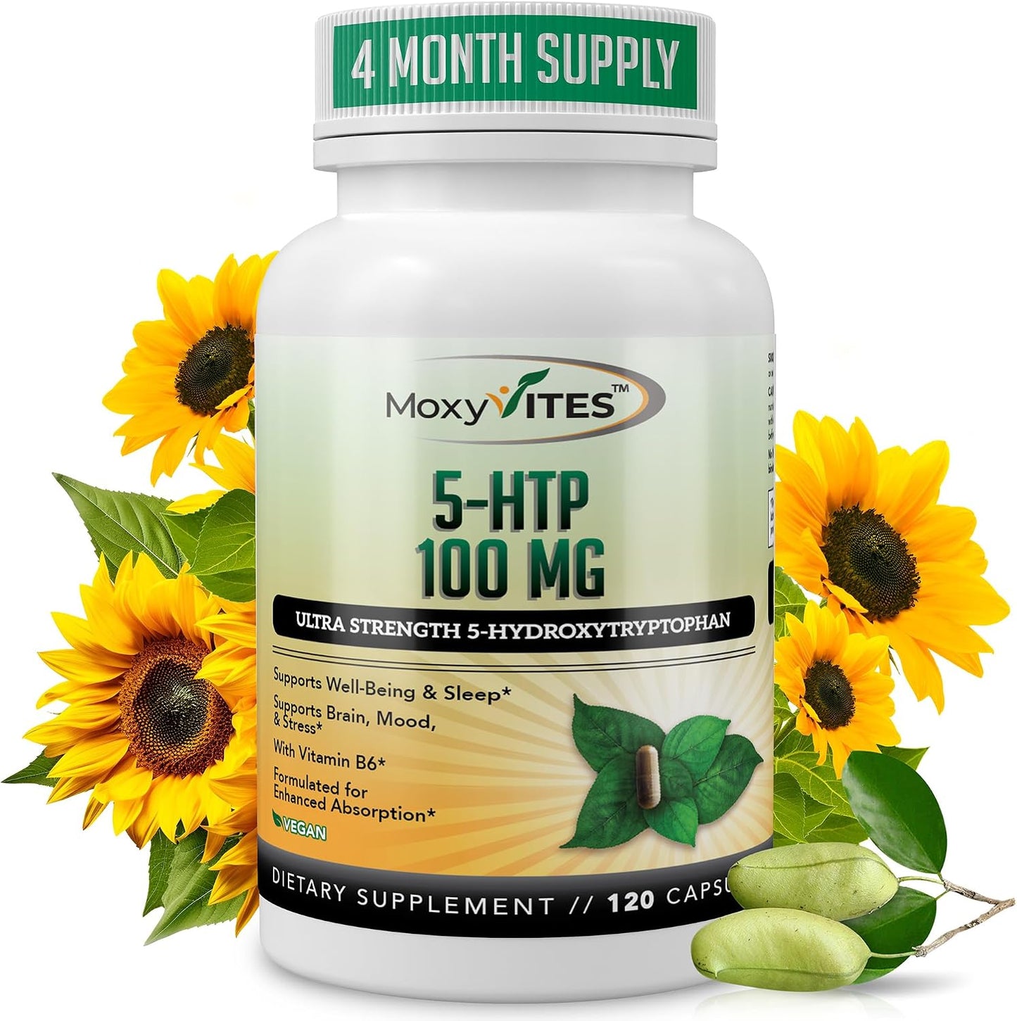 MoxyVites 5HTP 100mg Supplement, Plus B6, 5 HTP Organic Whole Food - Best Serotonin Booster - Non-GMO, 120 Vegan Capsules