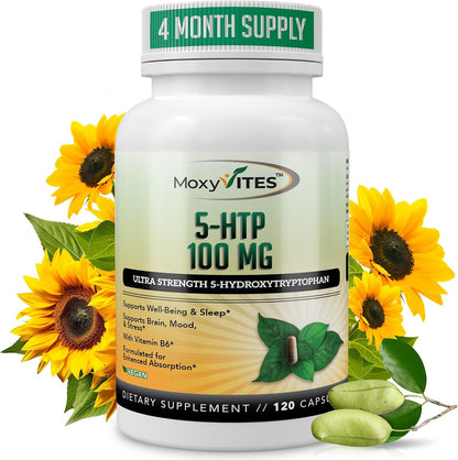 MoxyVites 5HTP 100mg Supplement, Plus B6, 5 HTP Organic Whole Food - Best Serotonin Booster - Non-GMO, 120 Vegan Capsules