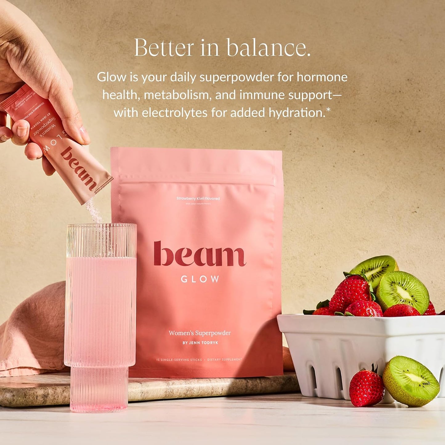 Beam Glow, Hormone Balance for Women, Strawberry Kiwi and Raspberry Bundle, Thyroid Support for Women, Natural Hormone Support Powder with Selenium and Bromelain, PMS Relief, Energy, Hair, Skin Health