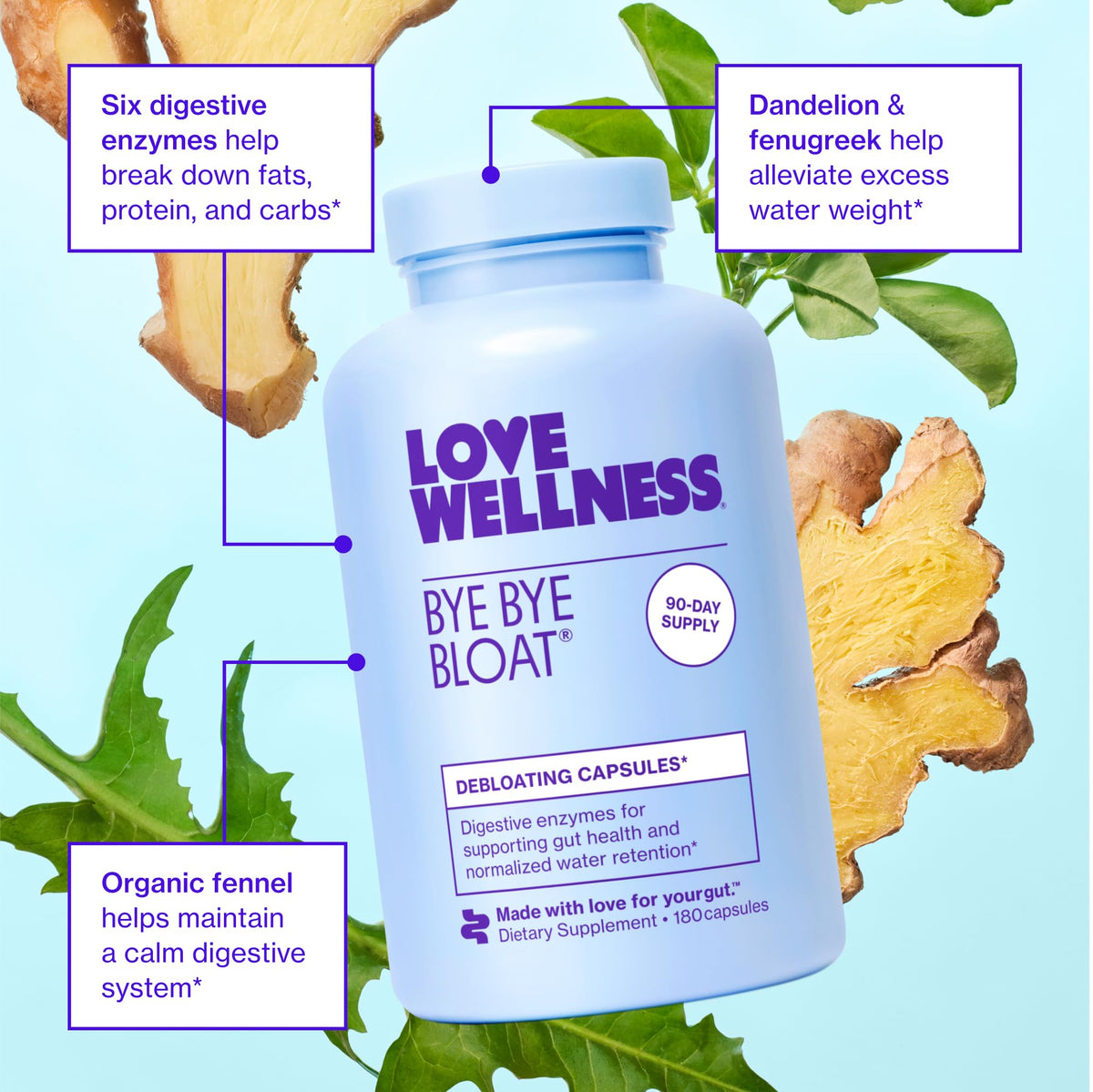 Love Wellness Bye Bye Bloat, Digestive Enzymes | Bloating Relief for Women | Help Reduce Gas Relief & Water Retention | Supports Digestive Health with Fenugreek & Dandelion | 180 Count Love Wellness buy supplements Au