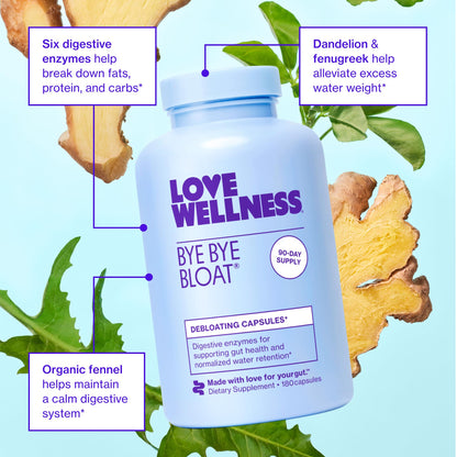 Love Wellness Bye Bye Bloat, Digestive Enzymes | Bloating Relief for Women | Help Reduce Gas Relief & Water Retention | Supports Digestive Health with Fenugreek & Dandelion | 180 Count Love Wellness buy supplements Au