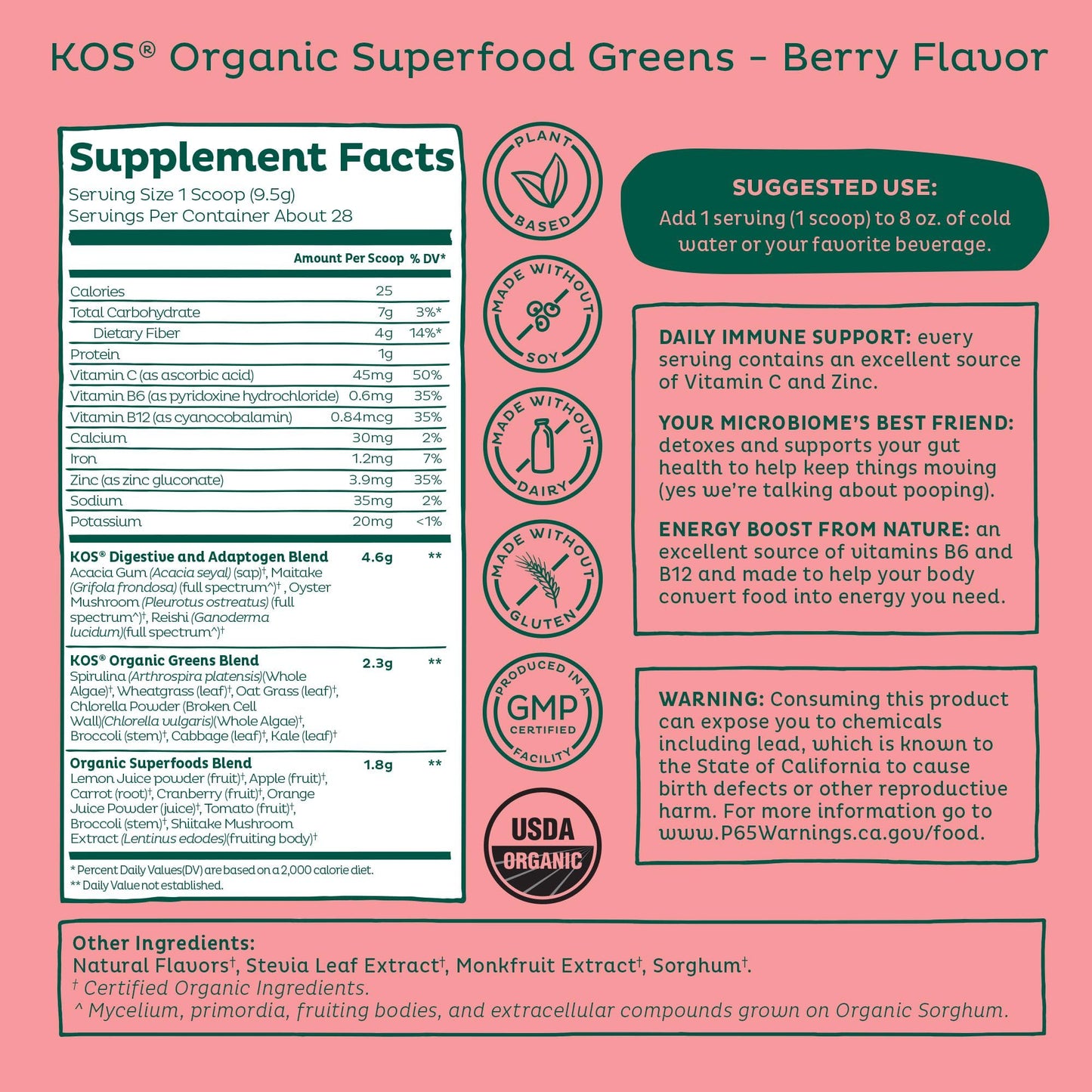 KOS Organic Superfood Greens Powder - Gut Health from Prebiotic Fiber, Supergreens and Adaptogens - USDA Certified Organic, Made in a GMP Certified Facility - 28 Servings Berry KOS buy supplements Au