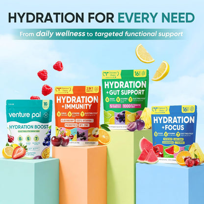 Venture Pal Sugar Free Electrolyte Powder Packets - Liquid Daily IV Drink Mix for Rapid Hydration & Party Recovery | 5 Vitamins & 7 Electrolytes| Keto Friendly | Non-GMO | Certified Vegan | 16 Sticks