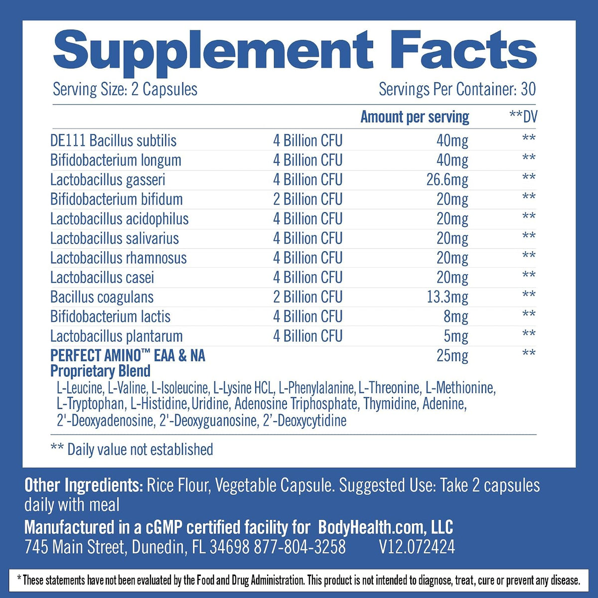 BodyHealth Probiotic Enhanced with PerfectAmino for Women and Men, Spore Based with Bifidobacterium, Lactobacillus Salivarius, Lactobacillus Acidophilus - 60 Capsules