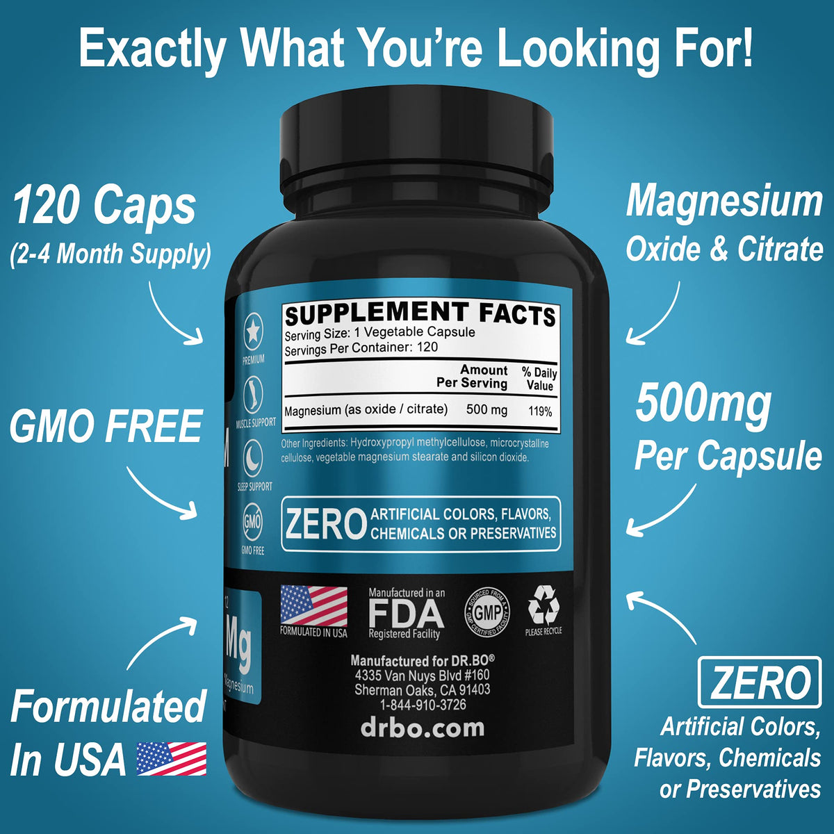 Magnesium Complex Supplement Capsules 500mg - Support Energy, Relaxation, Leg Cramps & Legs - Help Aid Muscle Support Supplements - High Absorption Premium Mag Citrate Oxide - 120 Capsules DR. BO buy supplements Au