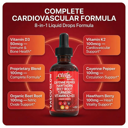Clean Nutra Cayenne Pepper Drops Supplement Liquid + Hawthorn Berry, Vitamin D3 K2 Beet Root Powder, Ceylon Cinnamon, Turmeric Curcumin