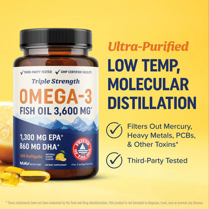 Triple Strength Omega 3 Fish Oil 3600 mg | EPA & DHA | Over 2100mg Omega-3 Fatty Acids | 1300mg EPA + 860mg DHA | Best Essential Fatty Acids | Premium Wild Caught & Burpless Fish Oil | 120 Ct MAV NUTRITION buy supplements Au