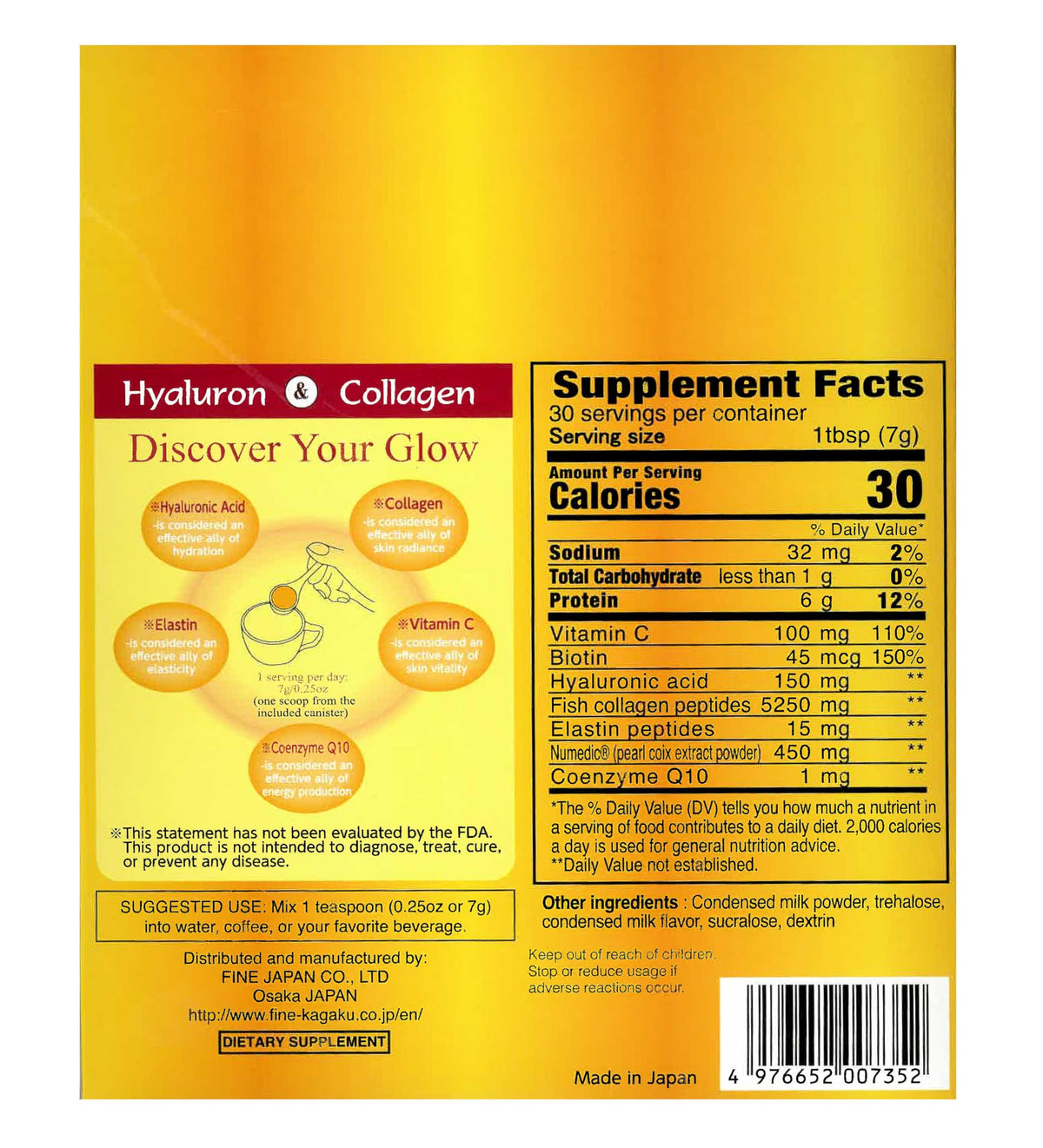 FINE JAPAN Premium Marine Collagen Powder with Hyaluronic Acid, CoQ10 & Elastin - Non-GMO - 30 Servings (210g / 7.4oz) Made in Japan FINE JAPAN buy supplements Au