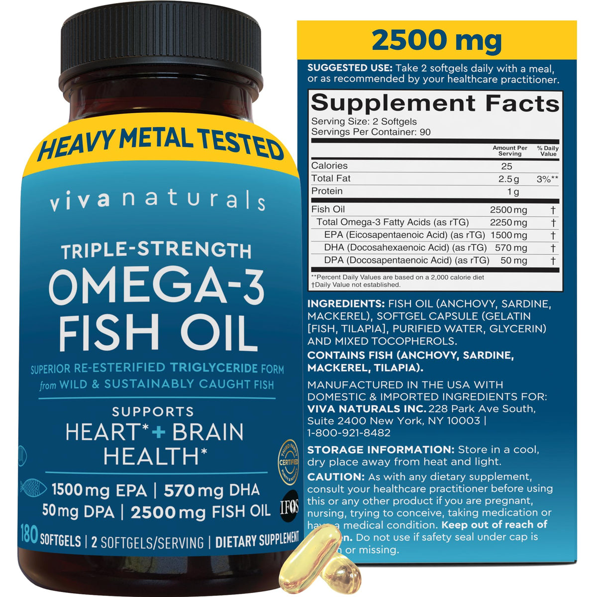Triple Strength Omega 3 Fish Oil Supplement for Men and Women – 2500 mg High-Potency, Easy-to-Absorb Re-esterified Triglyceride Form, Pescatarian-Friendly DPA EPA DHA Omega 3 Supplement, 180 Softgels Viva Naturals buy supplements Au