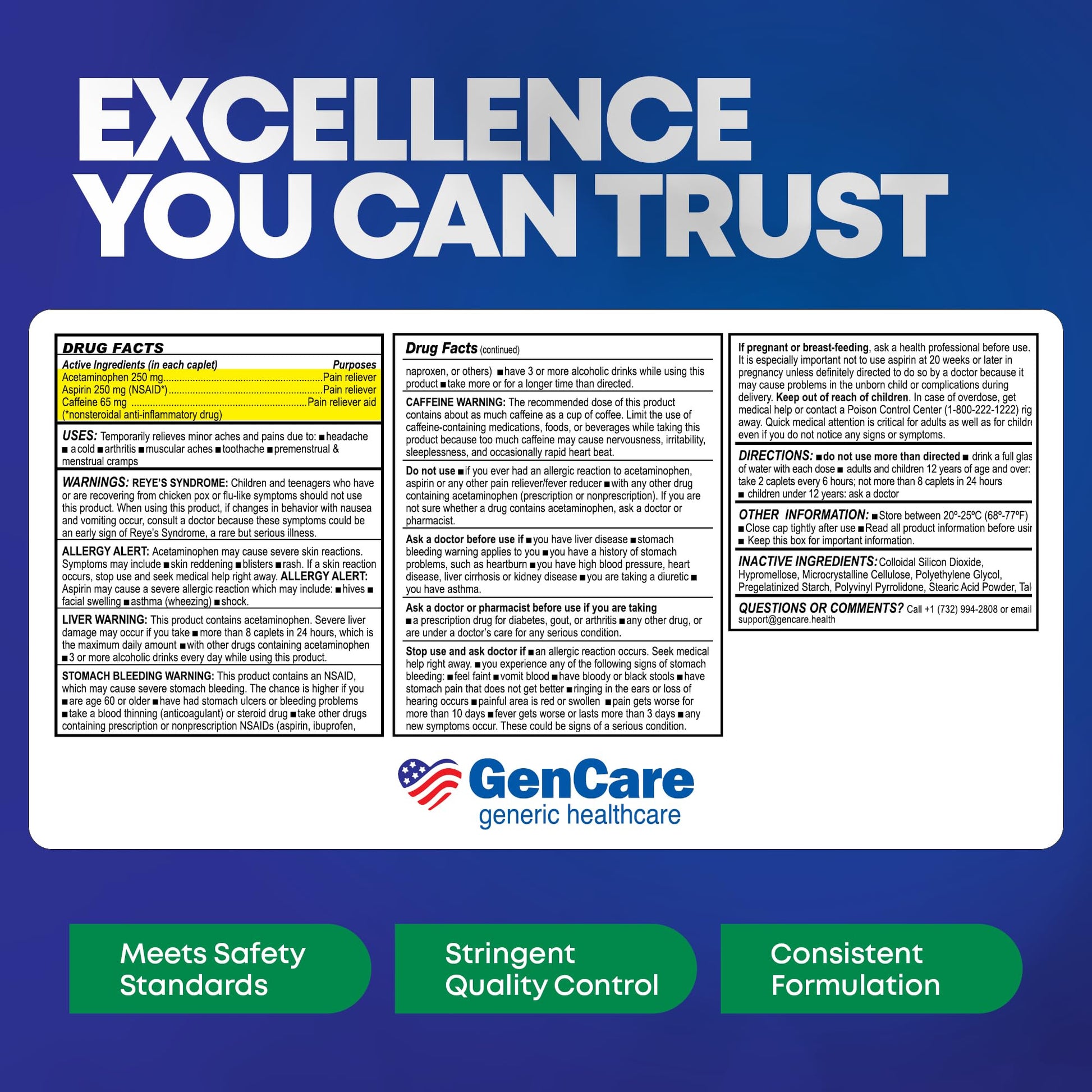 GenCare - Headache Relief Acetaminophen with Aspirin (NSAID) & Caffeine (300 Caplets) Value Pack | Head Pain, Muscle Aches, Back Pain & Body | Generic ExcedrEn Extra Strength GenCare buy supplements Au