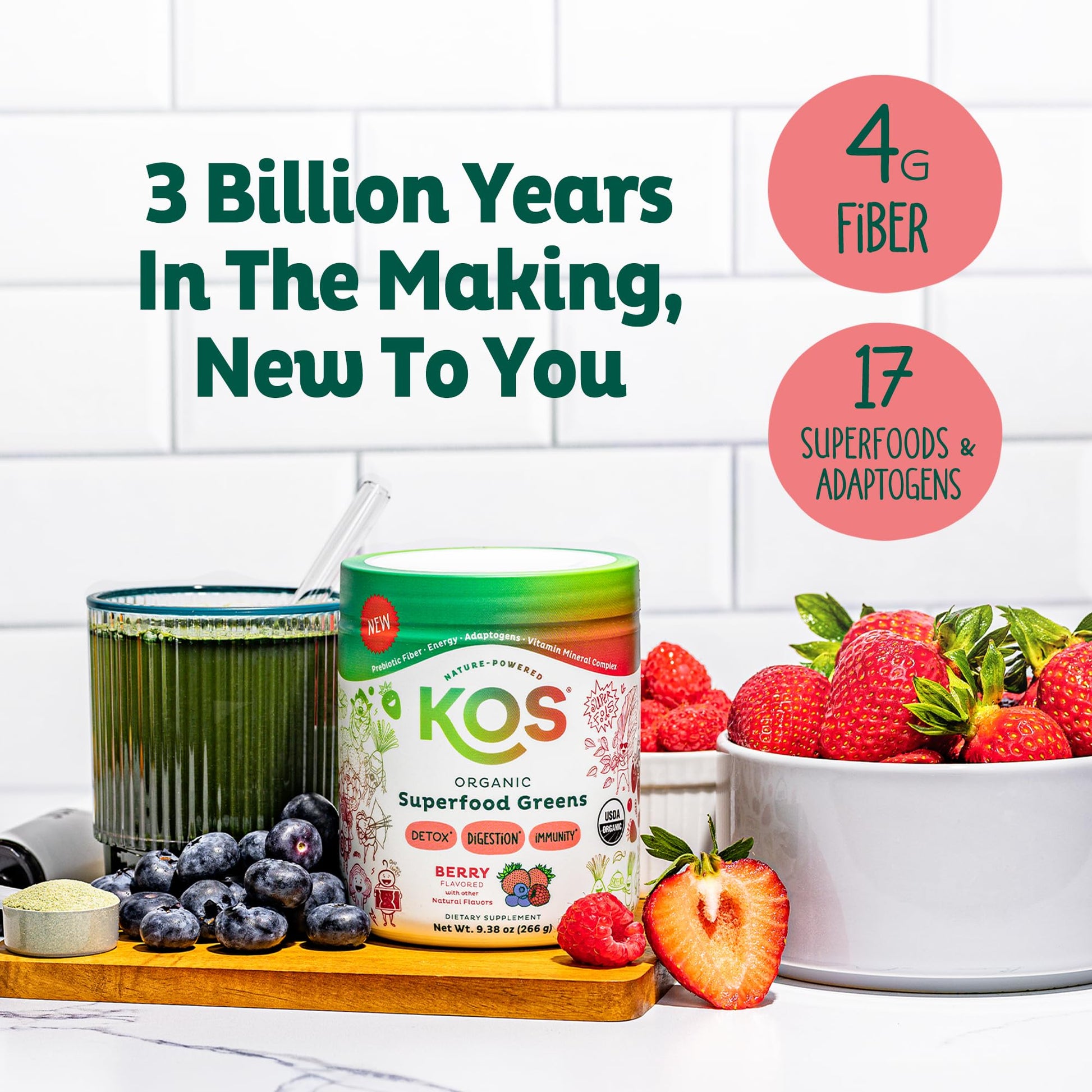 KOS Organic Superfood Greens Powder - Gut Health from Prebiotic Fiber, Supergreens and Adaptogens - USDA Certified Organic, Made in a GMP Certified Facility - 28 Servings Berry KOS buy supplements Au