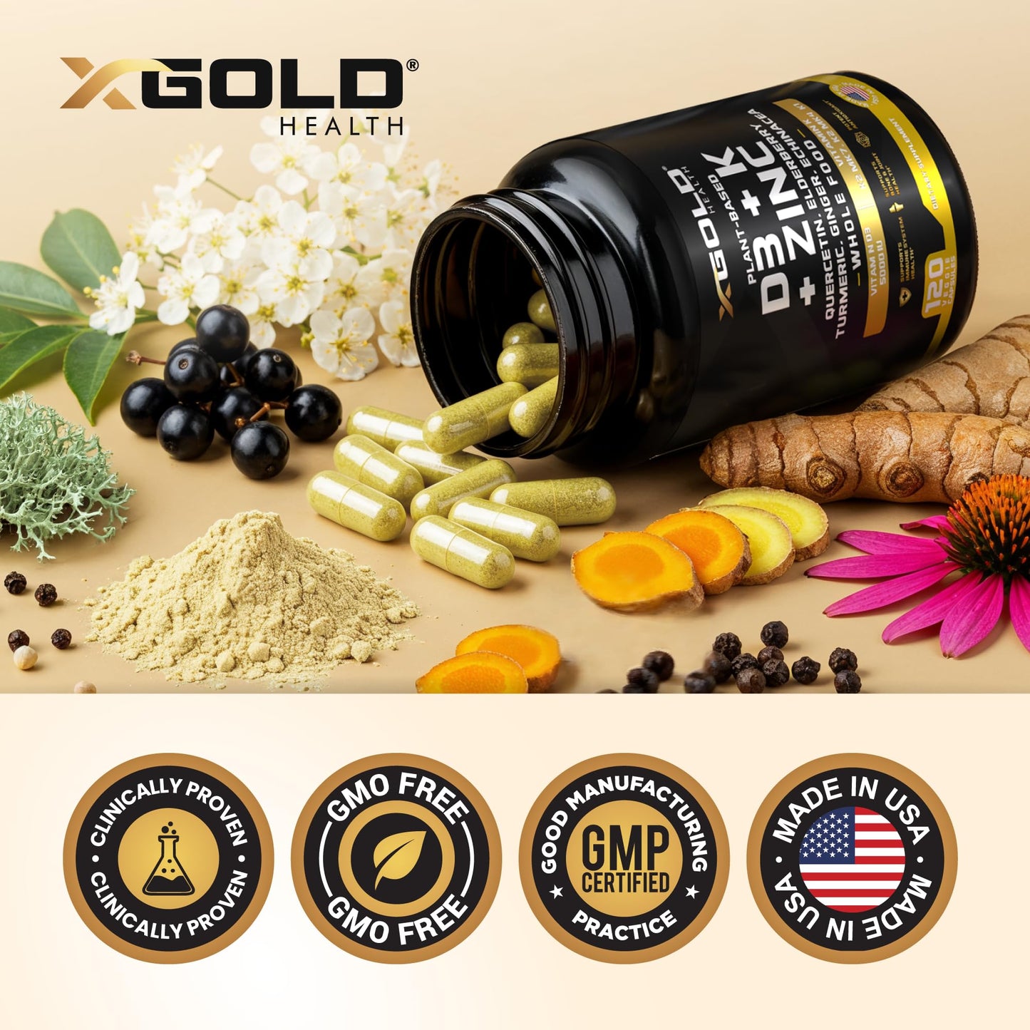 Vitamin D, K2, K1, Zinc, Quercetin, Elderberry, Turmeric, Ginger & Echinacea Whole Food Supplement 8 in 1- D3 5000 IU Plant-Based from Lichen, Vitamin K (K2 MK7, MK4, K1)