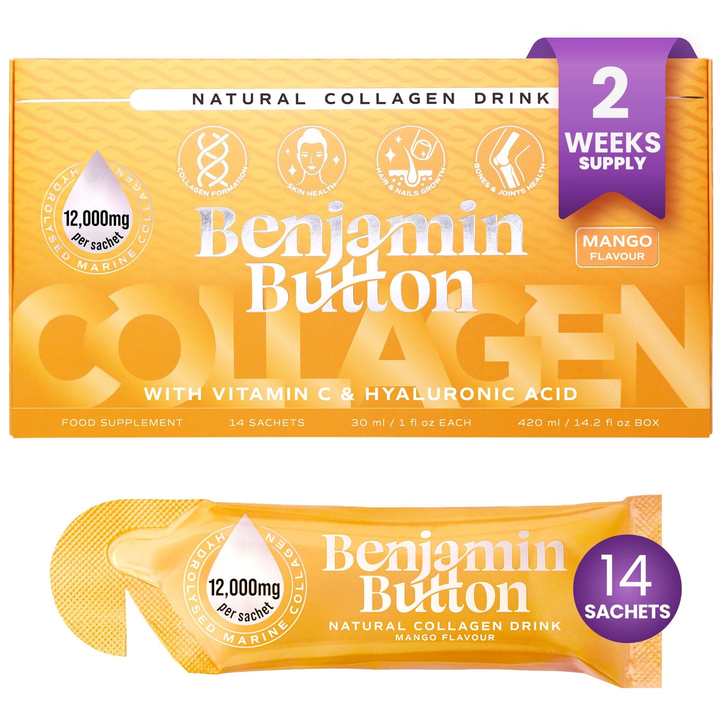 Benjamin Button 12,000mg Marine Collagen Liquid Shots| High Strength Hydrolyzed Marine Collagen Peptides w/Hyaluronic Acid & Vitamin C for Skin, Hair & Joints | Mango, 14 Daily Servings 30ml Benjamin Button buy supplements Au