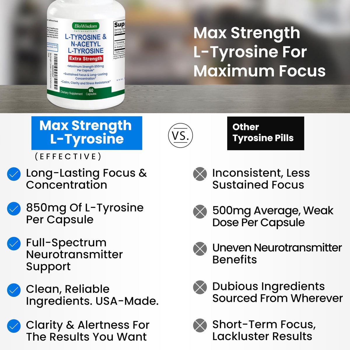 Max Strength L Tyrosine Supplement & N Acetyl L Tyrosine Peak Focus, Alertness, Concentration, Body & Mind Energy. L-Tyrosine 850mg Per 1 Capsule. A Well-Being Nutrient Boost For Performance BioWisdom NutraceuticalsBuy Supplements Australia