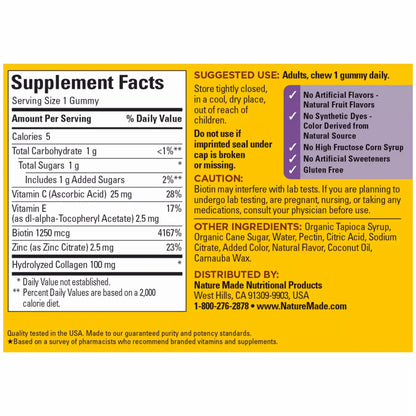 Nature Made Collagen Gummies with Vitamin C, Zinc, Biotin, Hydrolyzed Collagen Peptides for Women and Men