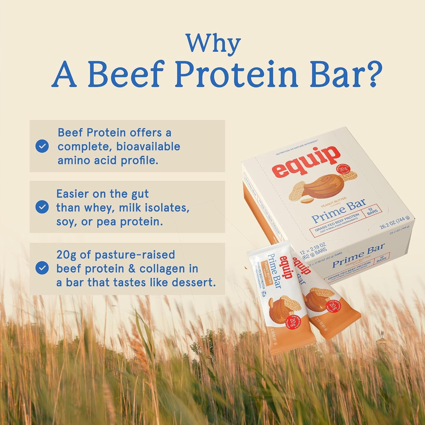 Equip Foods High Protein Prime Bars – Grass Fed Beef Protein, Collagen & Tallow – Gut Friendly, Gluten Free 20g Protein Bars - Only Real-Food Ingredients - On-the Go Snack - Peanut Butter, 12 Count
