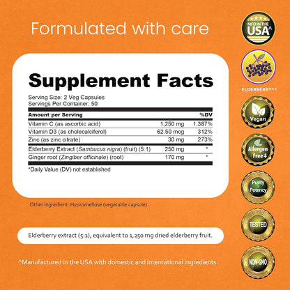 NaturaLife Labs Vitamin C with Vitamin D3, Zinc, Elderberry & Ginger Root – 1,700 mg per Serving – 100 Capsules, Vegan, Non-GMO, Gluten Free
