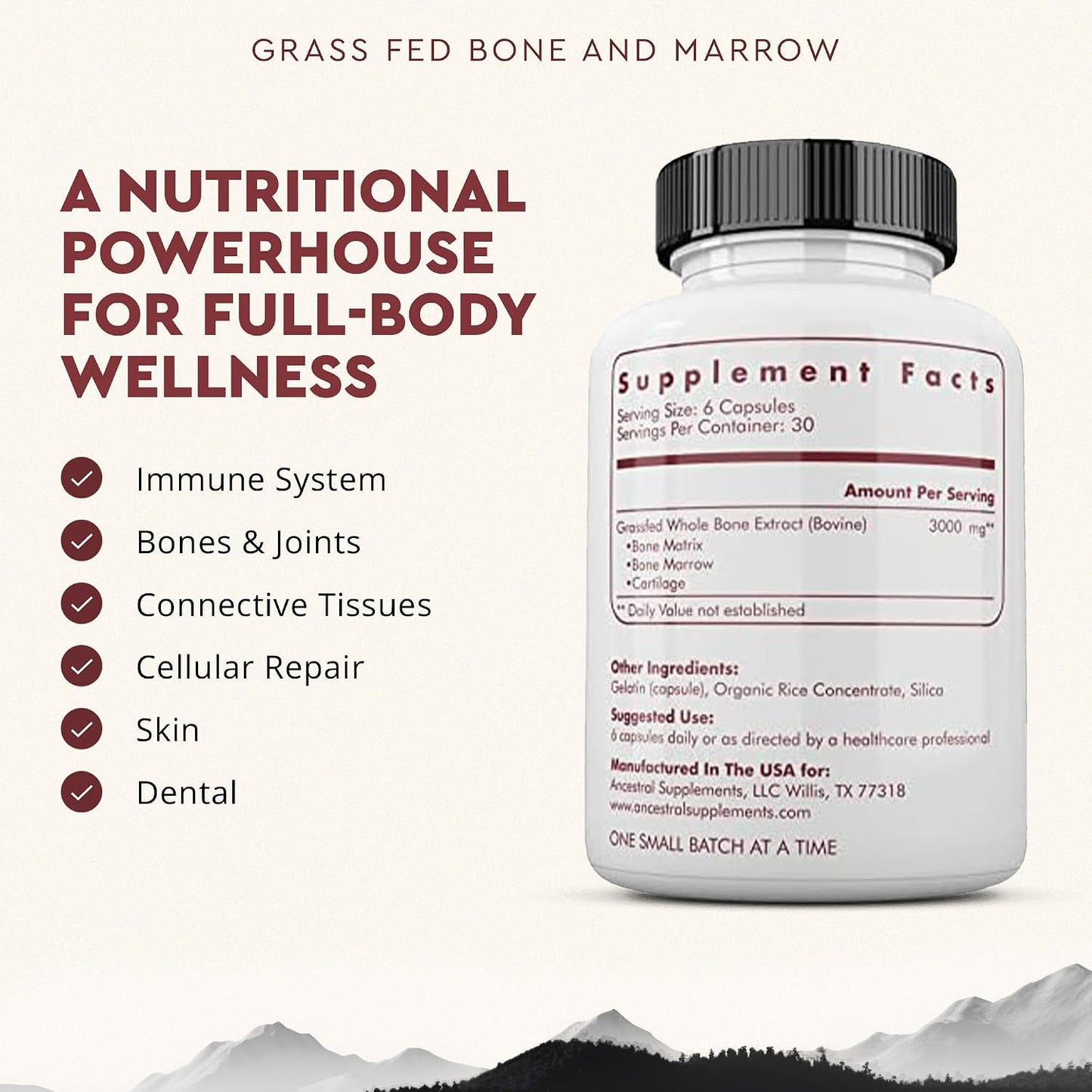 Ancestral Supplements Grass-Fed Beef Liver & Bone Marrow Capsules, 3000mg, Supports Energy, Digestion, Immunity, Skin, Oral Health, Joint Wellness, Non-GMO, Freeze-Dried, 180 Capsules