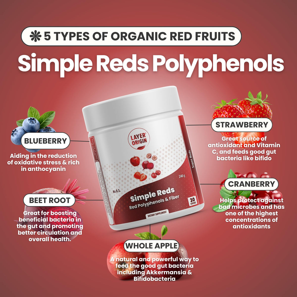 Layer Origin Simple Reds - Organic Red Polyphenols Whole Fruit Powder | Five Real Whole Fruits | 30 Servings Layer OriginBuy Supplements Australia