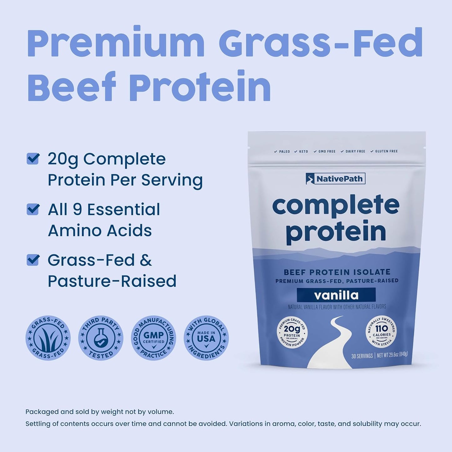 NativePath Complete Protein, 20g Grass-Fed Beef, Vanilla, 30 Servings | Dairy-Free, Whey-Free Isolate, Essential Aminos Plus MCTs, Lactose-Free & Easy To Digest, Keto, No Sugar