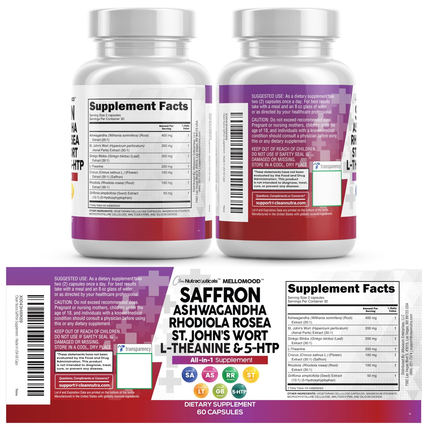 Clean Nutraceuticals Saffron Supplements Extract 100mg + Ashwagandha L-Theanine 200mg - Mood Support Ginkgo Biloba, St. John's Wort, Rhodiola Rosea & 5-HTP Capsules Pills Men Women