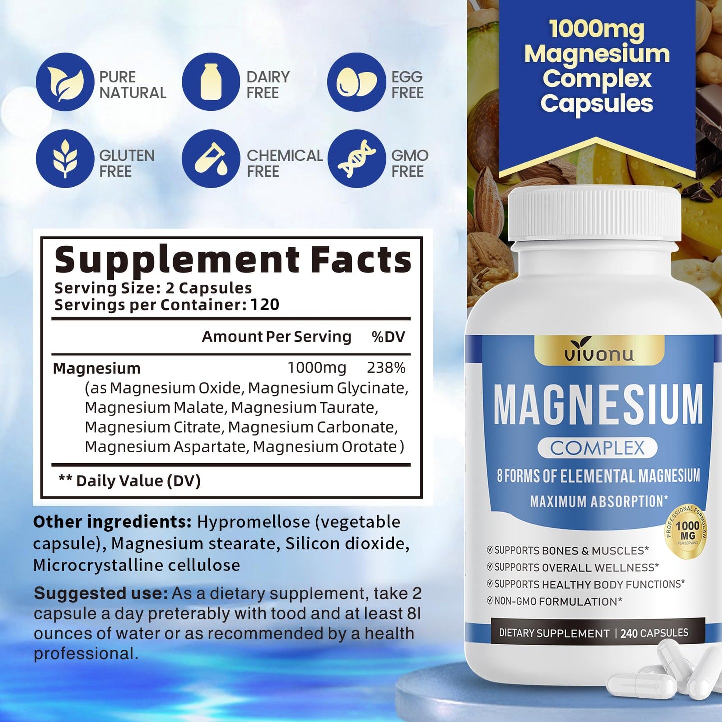 1000mg Magnesium Complex Capsules, 8-in-1 Magnesium Glycinate, Citrate, Malate, Taurate, Oxide, Carbonate, Aspartate, Orotate - 240 Capsules