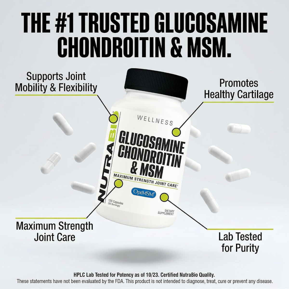 NutraBio Glucosamine Chondroitin & OptiMSM Supplement, Joint Support Formula - 120 Capsules (120 Count)